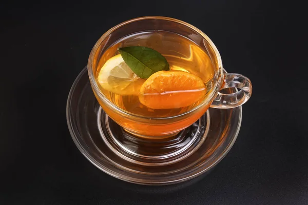 Liquid Tea Lemon Orange Slice Green Leaf Cinnamon Stick Transparent — Stock Photo, Image