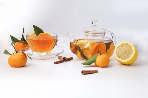 Liquid Tea Lemon Orange Slice Green Leaf Cinnamon Stick Transparent — Stock Photo, Image