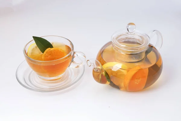 Liquid Tea Lemon Orange Slice Green Leaf Cinnamon Stick Transparent — Stock Photo, Image