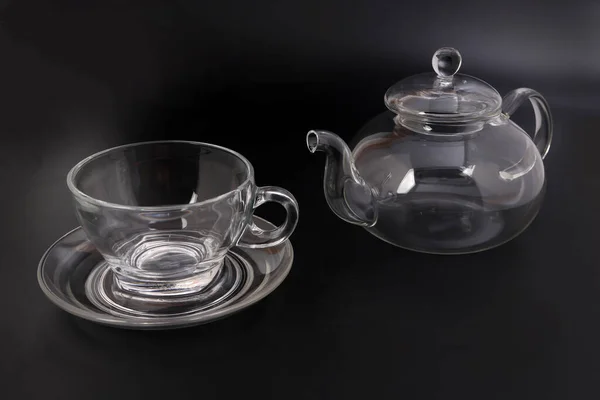 Empty Transparent Glass See Teapot Kettle Coffee Tea Cup Saucer — Stock Photo, Image