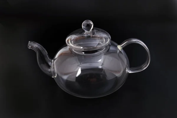 Empty Transparent Glass See Teapot Kettle Black Background — Stock Photo, Image