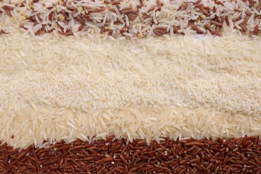 Varity mix long grain basmati medium grain yasemin short grain pilav risotto brown low glycaemic index GI rice in the rows top view