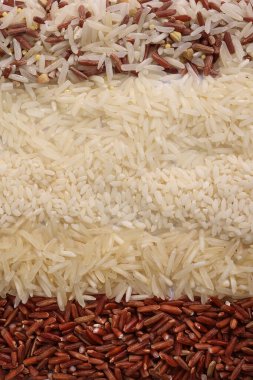 Varity mix long grain basmati medium grain yasemin short grain pilav risotto brown low glycaemic index GI rice in the rows top view