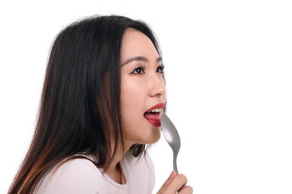 Mooi Jong Zuid Oosten Aziatisch Vrouw Doen Alsof Poseren Houden — Stockfoto