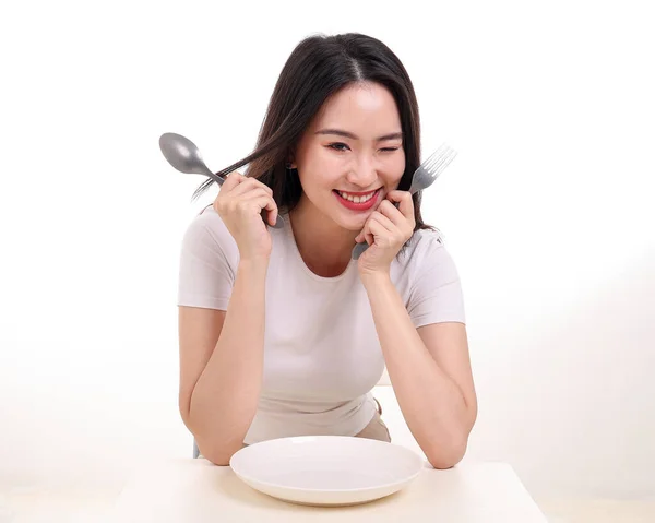 Mooie Jonge Zuidoost Aziatische Vrouw Doen Alsof Poseren Met Lege — Stockfoto