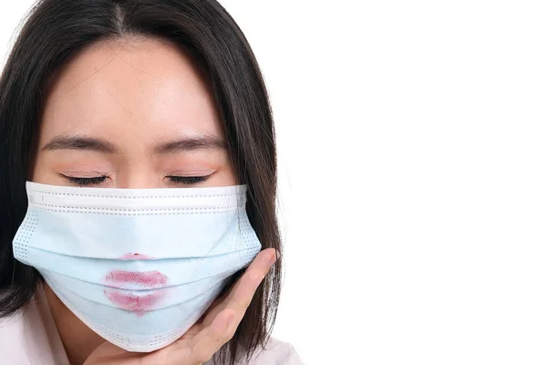 Schöne Junge Südostasiatische Frau Trägt Blaue Dreilagige Virus Gesichtsmaske Lippenstift — Stockfoto