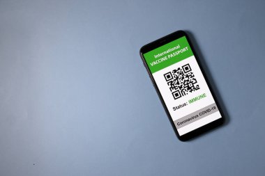 Dijital uluslararası aşı pasaport akıllı telefon ekranı qr kod uygulaması Coronavirus covid 19 açık gökyüzü mavi arka plan bağışıklığı
