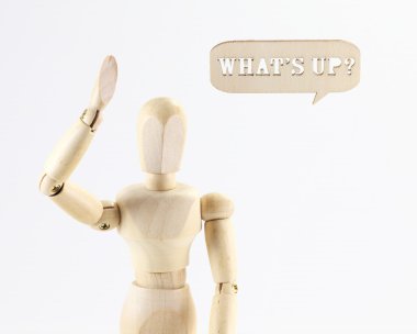 Wooden puppet Whats up word  clipart