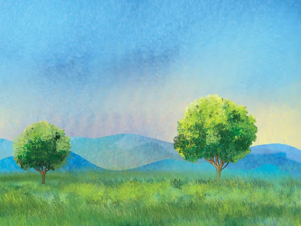 Green trees on field and mountain. Landscape. Digital illustration. — Stock Photo, Image