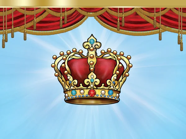Fondo de lujo Gold Crown. Corona real dorada sobre fondo azul y cortina. Rey de corona — Foto de Stock
