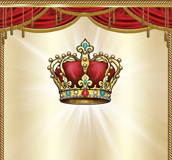 Corona d'oro sfondo di lusso. Corona reale d'oro e tenda. Re della Corona — Foto Stock