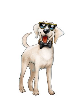 Köpek Hipster. Güneş gözlüğü ve kravat ile Labrador retriever. Beyaz arka planda izole edilmiş. Çin Yeni Yılı. Köpek. Çizgi film karakteri. İllüstrasyon, Tebrik kartı, poster, broşür kapağı, eleman, konsept.