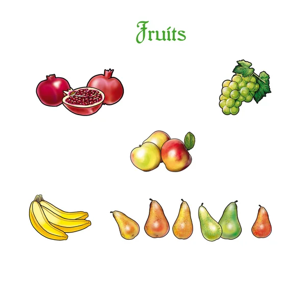 Gyümölcs a gránátalma, alma, szőlő, körte, banán — Stock Fotó