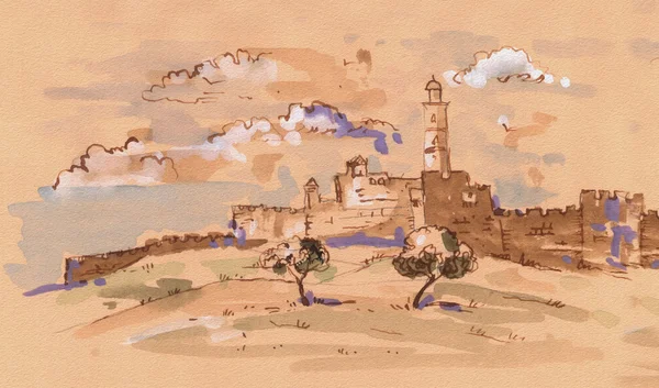 Jerusalem. David's tower - old city of Jerusalem view. Israel. Landscape. Digital Illustration — Stock Image Jerusalem. David's tower - old city of Jerusalem view. Israel. Landscape. Digital Illustration Stock Photo