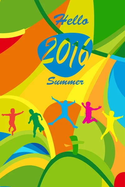 Rio 2016 Happy Jumping bambini, colore estate e testo ciao estate. Disegno di copertura. Giochi Olimpici 2016. Sport Brasile. Rio 2016 Concetto Brasile. Rio 2016 Carta da parati estate. Copertina Rio 2016 . — Vettoriale Stock