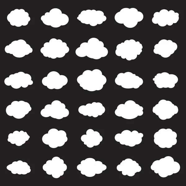 Conjunto de nubes blancas sobre fondo negro. Para arte, impresión, diseño web. Ilustración vectorial — Vector de stock
