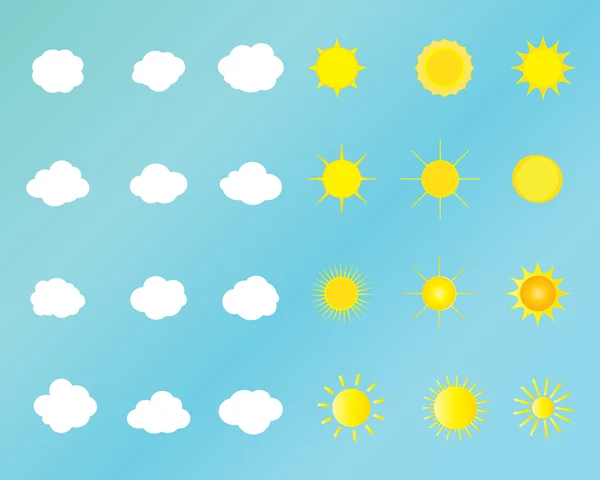 Conjunto dos elementos de nuvens de sol no fundo azul. Para arte, impressão, web design. Ilustração vetorial — Vetor de Stock