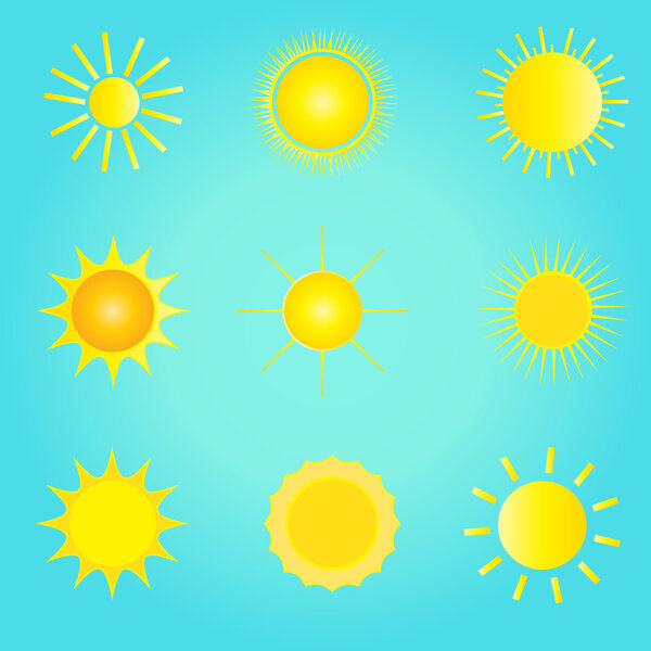 Set of the sun icon elements on blue background. For Art, Print, web design. Vector Illustration