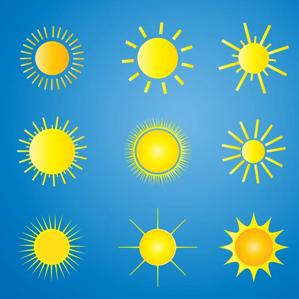 Набор солнечных элементов на синем фоне. Солнце для искусства, печати, веб-дизайна. Вектор солнца — стоковый вектор
