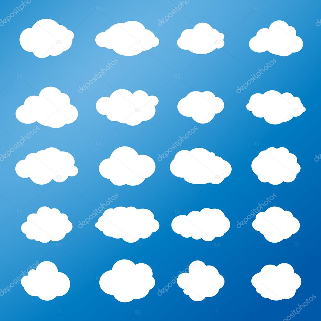 Set of the white clouds on blue background. For Art, Print, web design. Vector Illustration. Sun icons, clouds icons, White cloud, blue sky illustration. Clouds. Cloud vector. Cloud Icon Vector. Cloudy sky. Clouds blue sky. Cloud background.