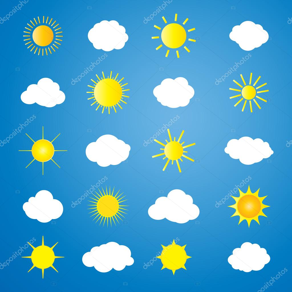Set of the sun and clouds elements on blue background. For Art, Print, web design. Vector Illustration. Sun icons, clouds icons, Yellow sun, white cloud, blue sky illustration. Sun and clouds pattern. Summer symbols.