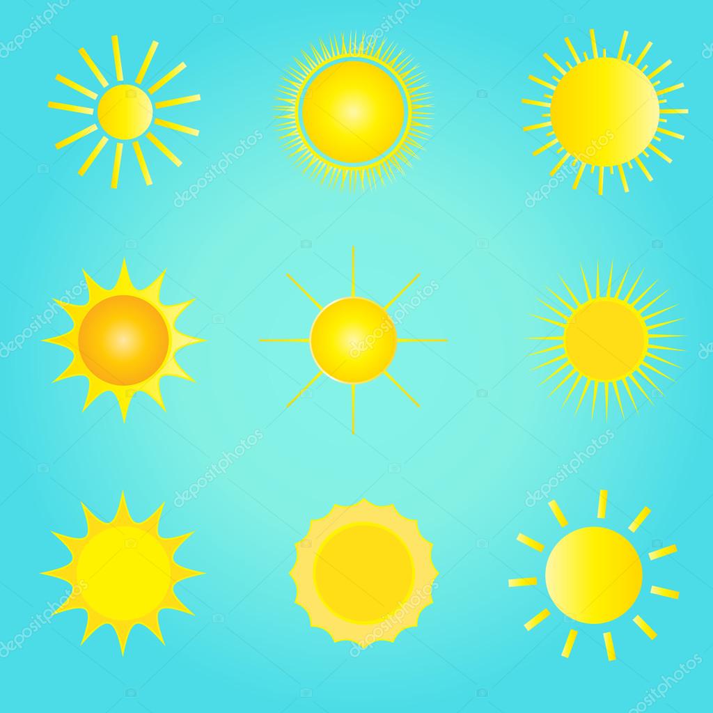 Set of the sun symbols on blue background. For Art, Print, web design. Vector Illustration. Sun icons, clouds icons, Yellow sun, white cloud, blue sky illustration. Summer icons, summer symbols.