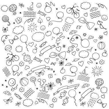 Mutlu yıllar deseni. Kabataslak el çizilmiş doodles karikatür doğum günü ve tatil nesneleri ve sembollerseti