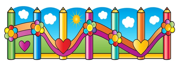 Ich liebe digitale Illustration in der Schule. Bleistifte am blauen Himmel mit weißen Wolken und Sonnenhintergrund. Abstrakter Hintergrund. Bildung - Collage-Symbole. Kinderposter. Handgezeichnet. Cartoon-Stil. — Stockvektor