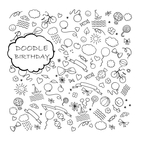 Joyeux anniversaire doodle. Croquis gribouillis dessinés à la main jeu de dessins animés d'objets et de symboles d'anniversaire et de vacances — Image vectorielle