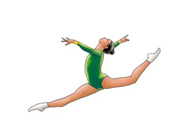 İçinde yeşil Spor, sanat jimnastik öğe gerçekleştirme, Zıplama, genç jimnastikçi kadın beyaz arka plan üzerinde izole havada, split sıçrama yapıyor. El çizimi çekilmiş. 2016 spor Brezilya. Rio Atletizm.