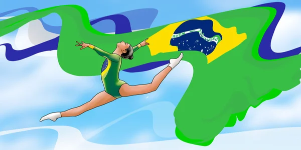 Летом 2016 года в Рио молодая гимнастка в зеленом спортивном платье с бразильским флагом, занимающаяся художественной гимнастикой, прыгает в воздухе, на голубом небе. Абстрагируясь. Летние игры в Бразилии. Игры легкой атлетики. Флаг Бразилии . — стоковое фото