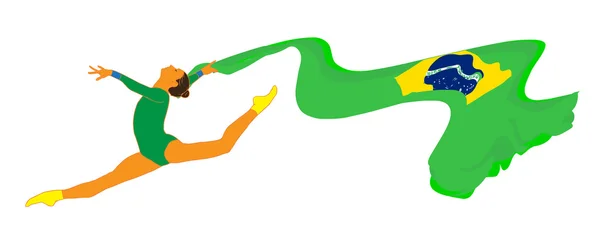 Рио-2016. Молодая гимнастка в зеленом спортивном платье с бразильским флагом, занимающаяся элементом художественной гимнастики, прыгнула в воздух. Изолированный на белом фоне. Абстрагируясь. Ручной рисунок. Бразилия Спорт. Саммер. Флаг Бразилии . — стоковое фото
