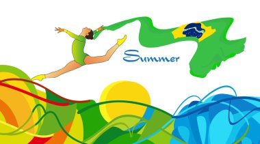 Rio 2016. Yaz Brezilya 2016. Yeşil spor giyim kadında genç jimnastikçi elbise Brezilya bayrağı ile sanat jimnastik öğe Böl sıçrama hava yapıyor. Beyaz arka plan üzerinde izole. Soyut vektör çizim. Elle çizilmiş. Brezilya bayrağı. Spor