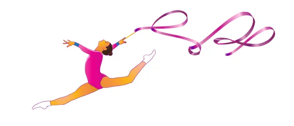 Mulher ginasta jovem com fita em vestido de sportswear rosa, fazendo arte ginástica elemento split salto no ar. Isolado em fundo branco. Ilustração vetorial abstrata. Desenho à mão. O Brasil. Desporto. Júnior. Ginástica Rítmica. Fita. Ginasta. — Vetor de Stock