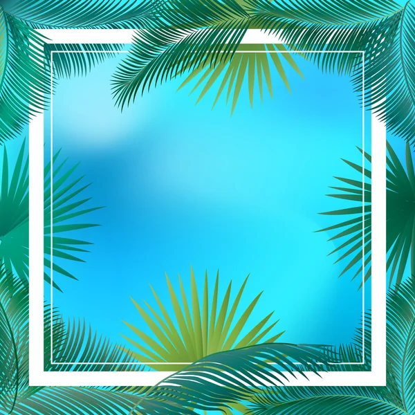 Palmiye yaprakları ve tropikal arka plan gökyüzü. Palmiye yaprak çerçeve ve gökyüzü vektör poster. Yaz saati. Elle çizilmiş. Sanat, baskı, karalama defteri, Web tasarımı için. — Stok Vektör