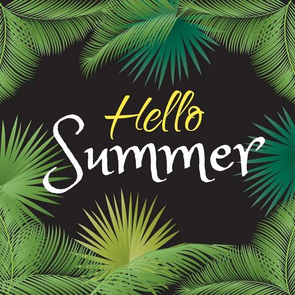 Dobrý den, v létě vektorové ilustrace na tropické pozadí s palmové ratolesti. Děti letní dovolená. Vektorové plakát s nápisy hello letní tábor. Ručně kreslenou. Pro umění, tisk, Scrapbook, Web design. — Stockový vektor