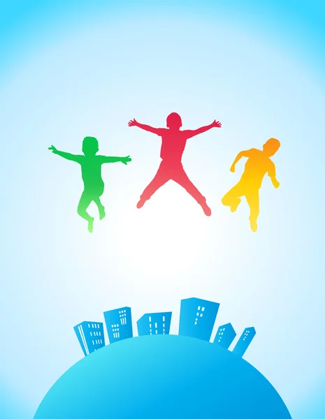 Kids jumping. Silhouettes of kids. Children party. Kids camp sport illustration. Jump kids on white background. — Stock Vector