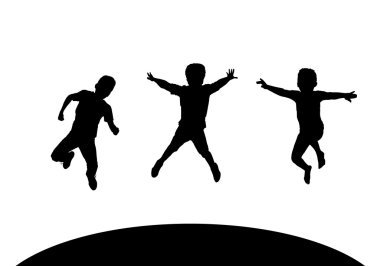 Çocuklar. Çocuklar atladı. Çocuk siluetleri. Aksiyon Spor. Erkekler beyaz arka planda izole atlıyorlar. Dijital görüntü illüstrasyon. Spor, Tatil.