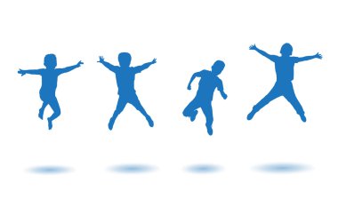 Çocuklar. Çocuklar atladı. Çocuk siluetleri. Aksiyon Spor. Erkekler beyaz arka planda izole atlıyorlar. Dijital görüntü illüstrasyon. Spor, Tatil.