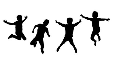 Çocuklar. Çocuklar atladı. Çocuk siluetleri. Aksiyon Spor. Erkekler beyaz arka planda izole atlıyorlar. Dijital görüntü illüstrasyon. Spor, Tatil.