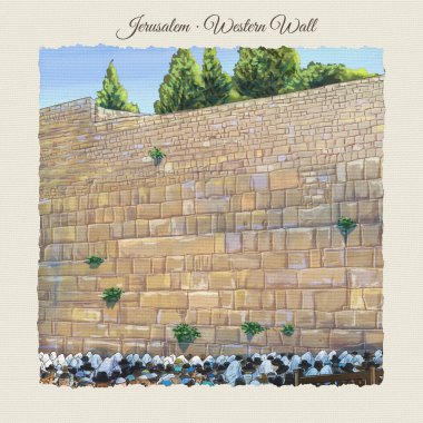 Western wall Kudüs, dua. David'in şehir - Kudüs'ün eski şehir. İsrail. Rosh Ha Shana. Sulu boya resimde gerçekçi el çekilmiş. Kotel Yom Kipur. Slichot. Yahudi tatil din geleneği. Tevrat, hamukkah, vintage, simgesel yapı, sukkot, purim