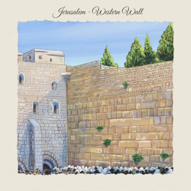 Western wall Jerusalem, prayer. David's city - old city of Jerusalem. Israel. Rosh Ha Shana. Digital Illustration. Hand Drawn. Kotel Watercolor. Slichot. Jewish Holiday Religion Tradition. Torah