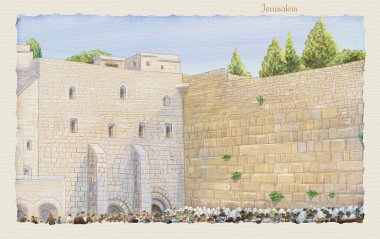 Western wall Jerusalem, prayer. David's city - old city of Jerusalem. Israel. Rosh Ha Shana. Digital Illustration. Hand Drawn. Kotel Watercolor. Slichot. Jewish Holiday Religion Tradition. Torah