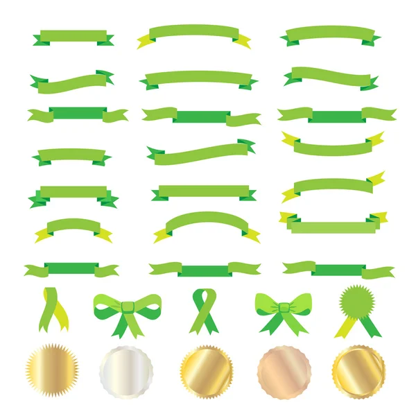 Complete set of banners and ribbons and medal, green bow tie, cutting ribbons and tied ribbons sign, gold, silver and bronze color banner. Vector Illustration. Award symbols, labels, icons, decoration, isolated, festival, carnival, kids, camp, flyer — Stock Vector