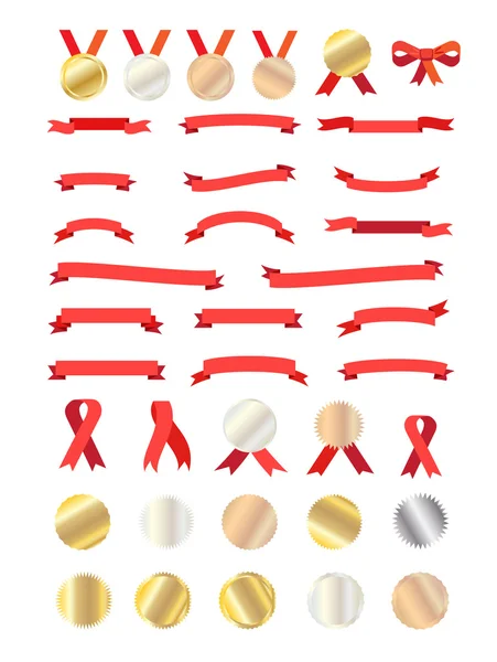 Conjunto completo de pancartas y cintas y medallas, corbata de lazo verde, cintas de corte y cintas atadas bandera de color rojo, oro, plata y bronce. Ilustración vectorial . — Archivo Imágenes Vectoriales