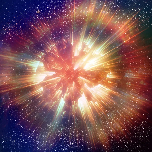 Weltraumexplosion. Boom! Tiefe Weltraum Hintergrund mit Sternen und Nebel, Sonne, Explosion, Astronomie. Handgezeichnet. Digitale Illustration, Fantasie. — Stockfoto