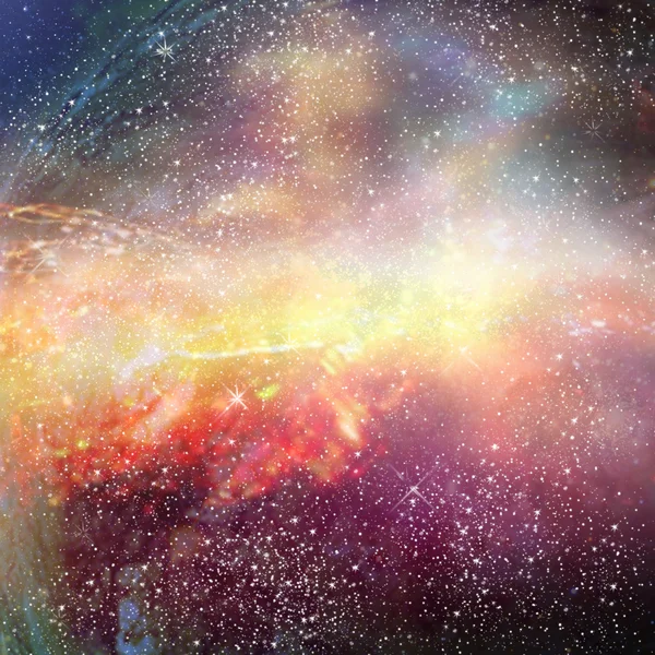 Διαστημική έκρηξη. Βαθύ εξωτερικό διάστημα με αστέρια και νεφέλωμα, ηλιακή, έκρηξη, αστρονομία. Με το χέρι. Ψηφιακή απεικόνιση, φαντασία. — Φωτογραφία Αρχείου