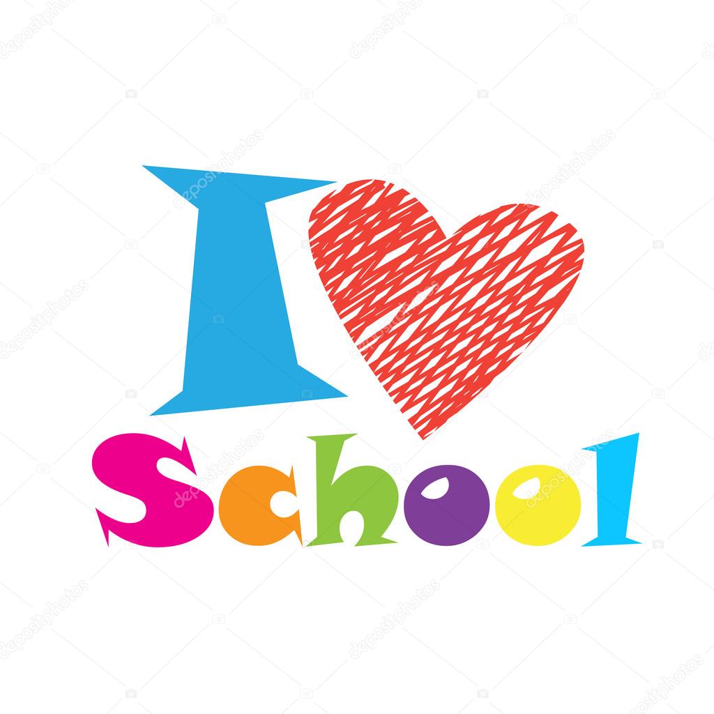 I love. I love school! Calligraphy lettering. Calligraphic letter. Back to school. Bye summer. Hello school. Welcome. Kids Education info graphic banner. I love learning background with red heart and calligraphy script. Children back to school.