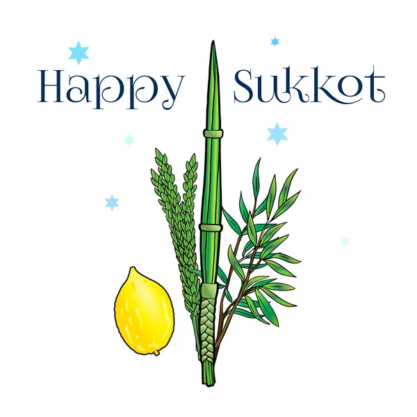 Happy Sukkot background. Hebrew translate: Happy Sukkot Holiday. Jewish traditional four species for Jewish Holiday Sukkot. Vector illustration. — Stock Vector