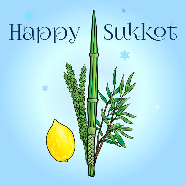 Feliz fondo Sukkot. Traducir en hebreo: Feliz fiesta Sukkot. Judío tradicional cuatro especies de Sukkot de vacaciones judías. Ilustración vectorial . — Vector de stock